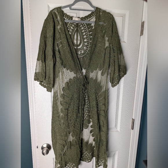 Adiva Olive Green Lace Bohemian Cardigan Duster - Picture 2 of 6
